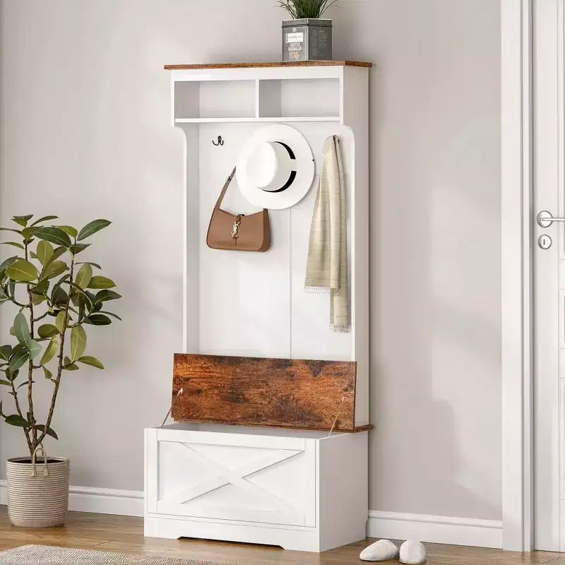 Farmhouse Hall Tree with 3 Metal Hooks, Coat Tree