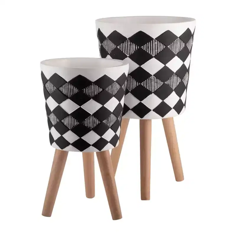 Okak 2PCS Modern Indoor Plant Pots with Diamond Shape Pattern, Flower Pots with Wooden Legs, Plant Pots for Tabletop or Windowsill, Black