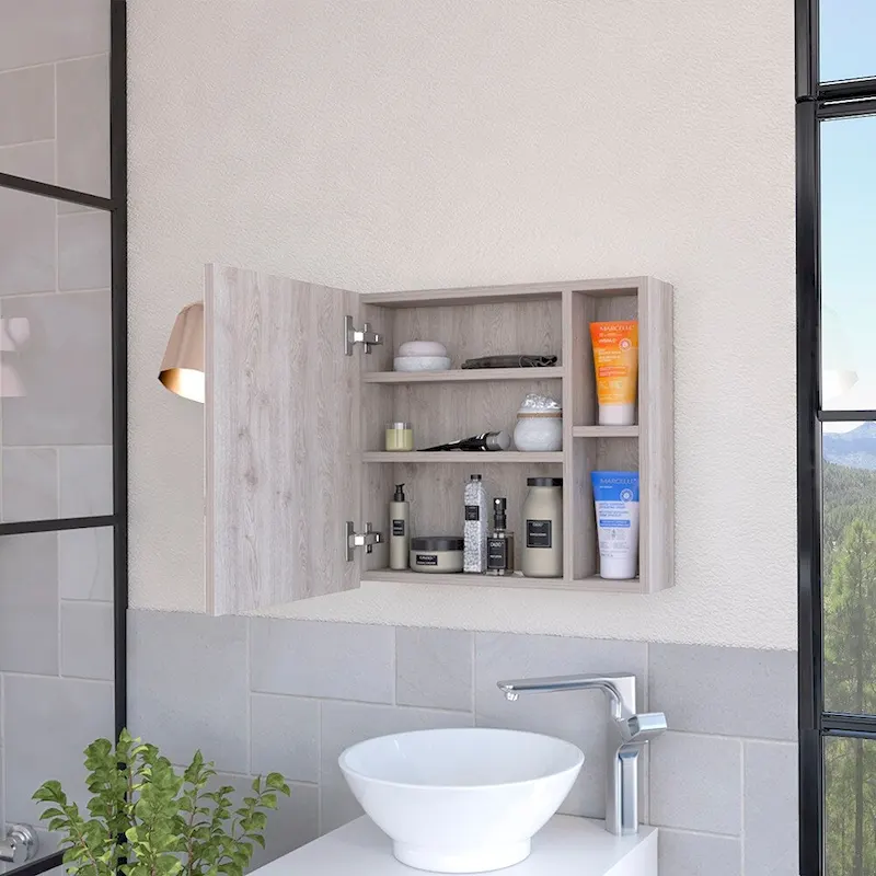 Mirror Cabinet with Three Internal Shelves, Single Door, Two External Shelves, Black Wengue Finish
