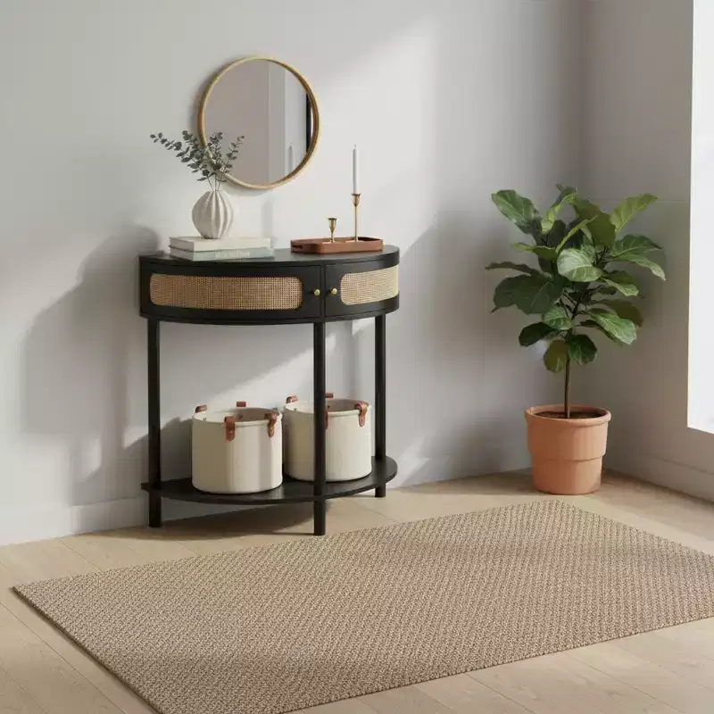 Half-Moon Console Table with Rattan Front, MDF Top & Solid Wood Legs, 31.5 Wide with Storage Drawer