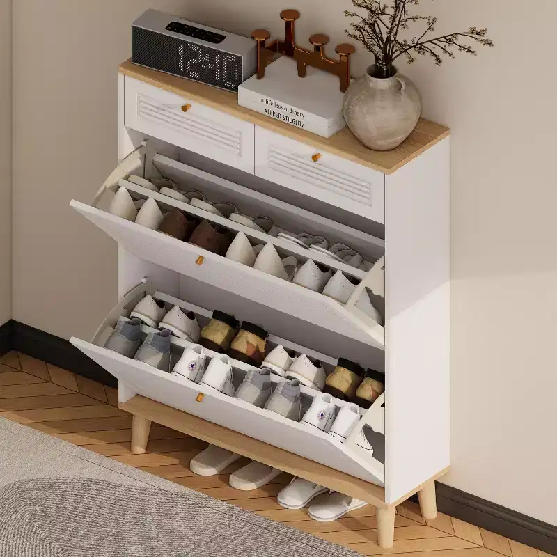 Freestanding Flip-Door Wood Shoe Cabinet with Adjustable Shelf & 2 Drawers