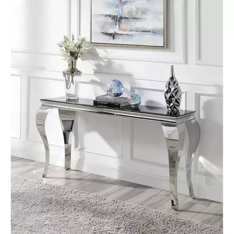 Forge Glam Glass Top Sofa Table Black/Silver - miBasics: Stainless Steel, Entryway, Tempered Glass