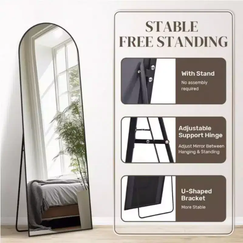 18 x 58 Full Length Arched Floor Mirror, Black/Gold-HOMLUX: Freestanding Design, Metal Frame