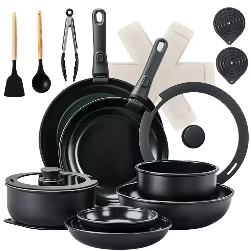 ROVSUN 23 Pcs Nonstick Pots and Pans Set, Aluminum Kitchen Cookware Set w/Detachable Handles, RV Kitchen Dishwasher Safe, PFAS PFOA & PFOS Free,Black
