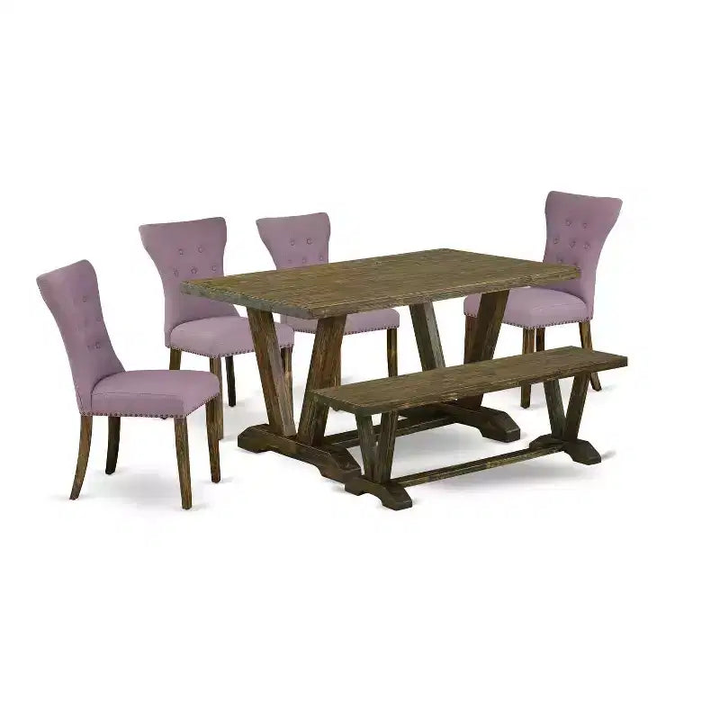 HomeStock 6-Pc Rectangle Distressed Jacobean Finish Solid Wood Top Dining Table with 1-Bench, 4-Chairs