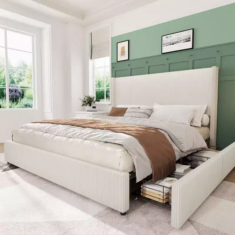King Size Bed Frame with Storage Drawers, Corduroy Upholstered Platform with Wingback and Tufted Headboard, No Box Spring Needed, Beige