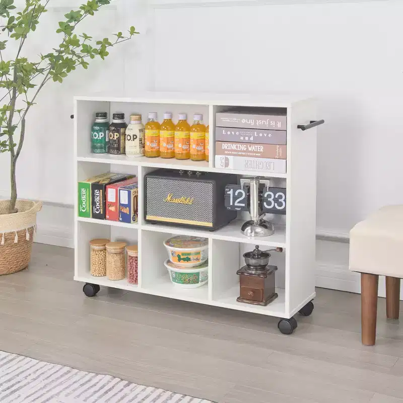 3-Tier Kitchen Cart, Wood with Lockable Wheels, Rolling Utility Cart with Open Shelves for Kitchen Storage, White