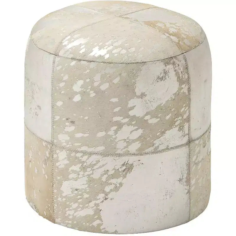 17 Round Leather Hide Pouf Ottoman, Silver and White