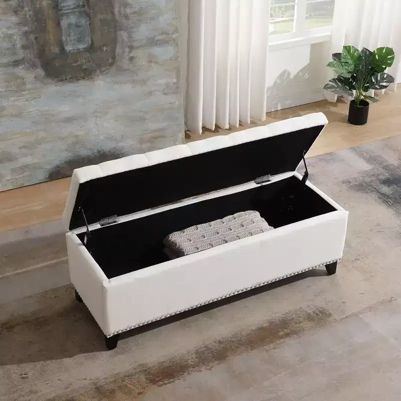 Beige / Gray Button-Tufted Storage Ottoman Bench, Single-Seat