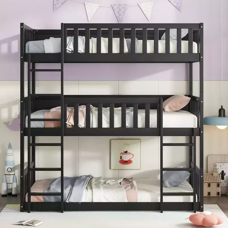 Triple Twin Bunk for Kids, Twin over Twin over Twin Detachable Bunk Bed with Ladder and Guardrail, Separate into 3 Beds