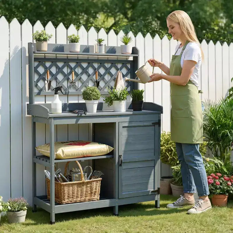 VEVOR Potting Bench Table, Outdoor Gardening Wooden Workstation with Storage Cabinet, Storage Shelves, 43 x 18 in Wood Tabletop, Gray