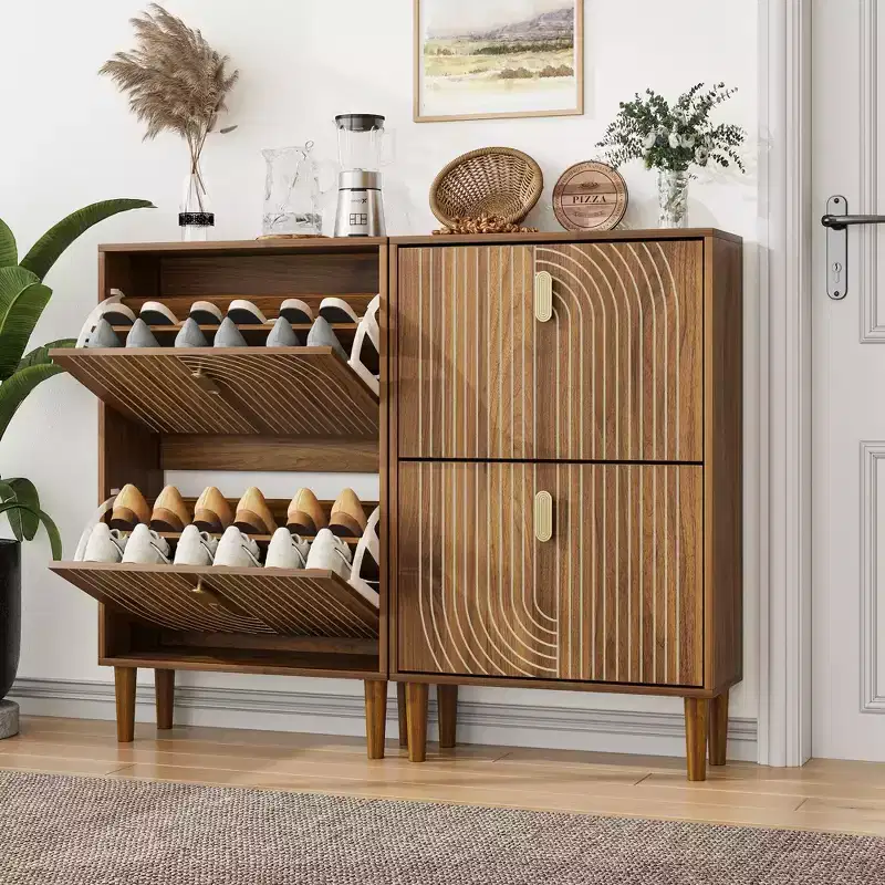 Mid-Century Shoe Storage Cabinet �C 2 Flip Doors, Adjustable Shelves, 95,8 cm High