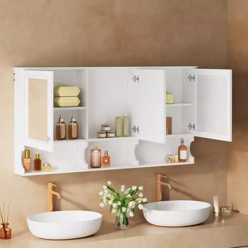 GDFStudio Ermias 55 Wall-Mount Double Mirror Medicine Cabinet With Three Doors And Open Shelves