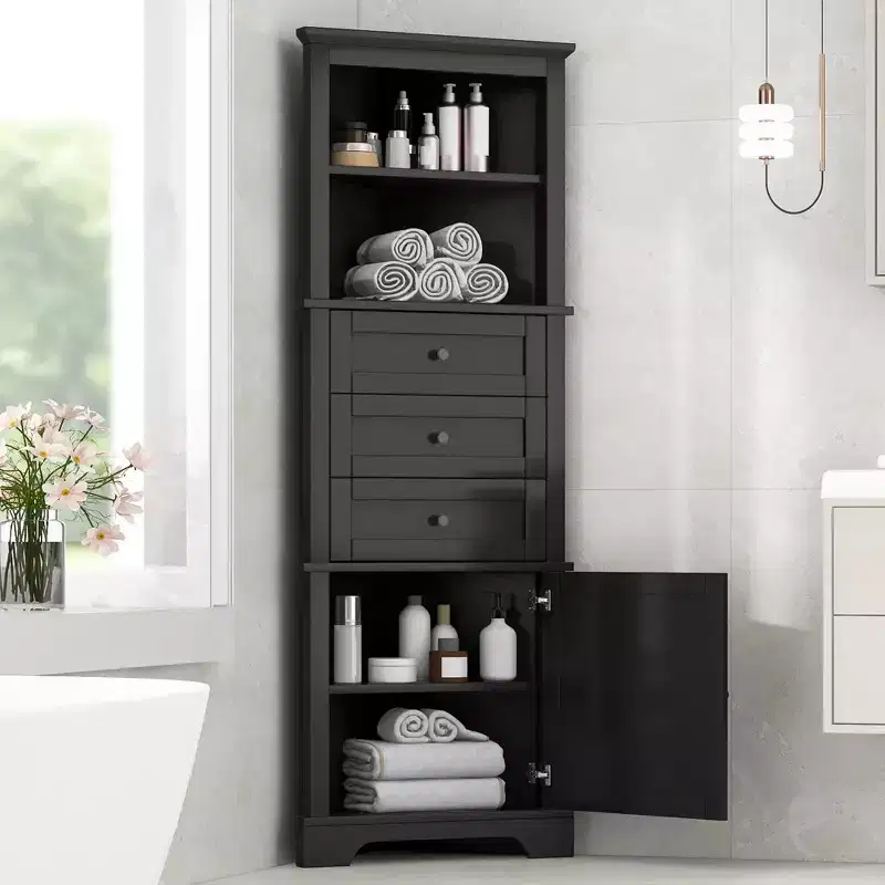 GDFStudio Dave Modern Wood Triangle Bathroom Storage Cabinet with 3 Drawers and Adjustable Shelves