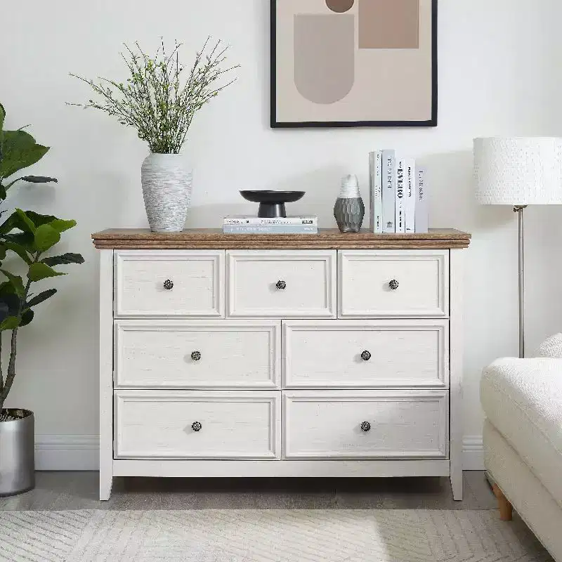 Beige/Black/White 7+3 Drawer Wood Dresser, 1-Person Assembly