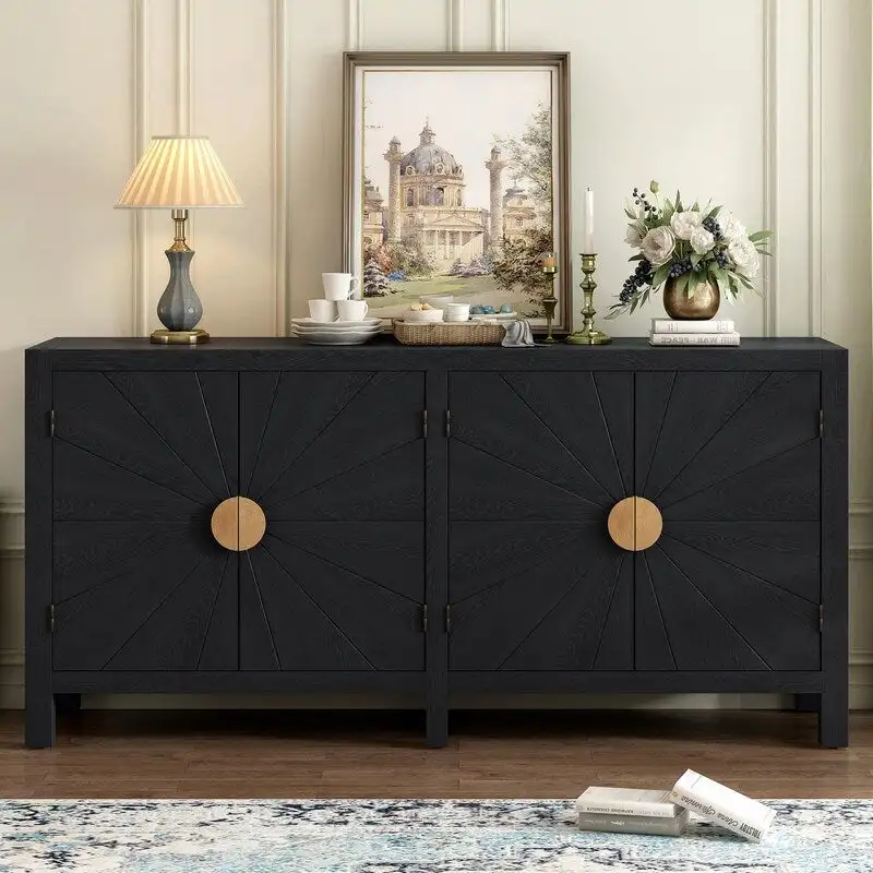 4-Door Sunburst Radiating Line Sideboard Storage Cabinet Navy Blue Black