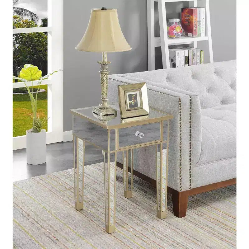 Mirrored End Table with Drawer & Faux Crystal Knob, Elegant Accent Table with Fir Wood Base