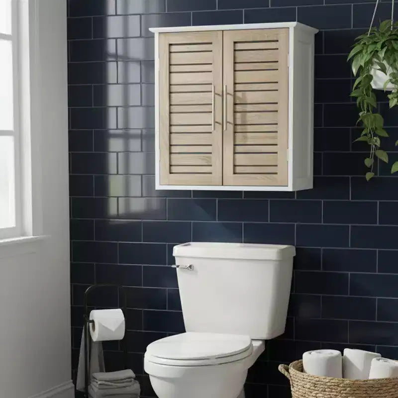 Wall Mounted Bathroom Medicine Cabinet with Two Louvered Doors – 20.5 x 21.7 x 8.7 in, MDF with Interior Shelf