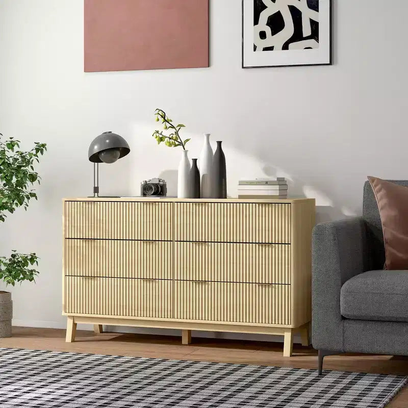 Fluted Dresser for Bedroom with 6 Drawers, 54" Wide Chest with Gold Finger Pulls and Wood Legs