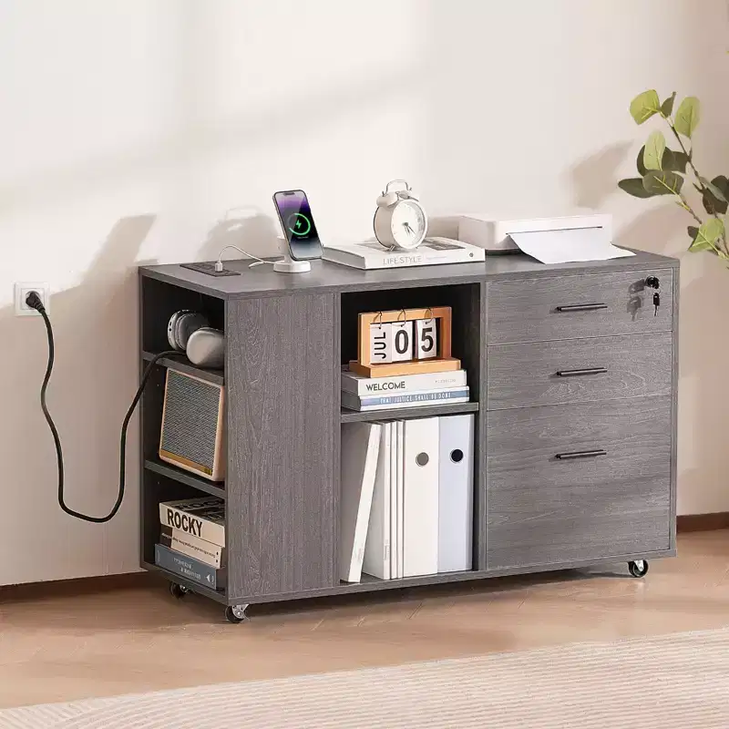 3 Drawer Wooden File Cabinet, Mobile Filing Cabinet with Power Strip, Lockable Rolling File Storage with Adjustable Shelves & 5 Wheels, Gray