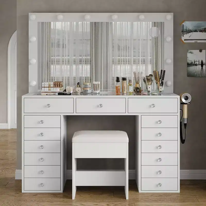 BALHAM TRADE-15 Drawers Vanity 3 Color Modes Adjustable Brightness Glass Top Vanity Desk with Stool
