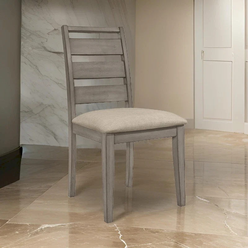 Rie 25 Inch Side Dining Chairs Set of 2, Gray Ladder Back, Greige Padded Fabric Seat