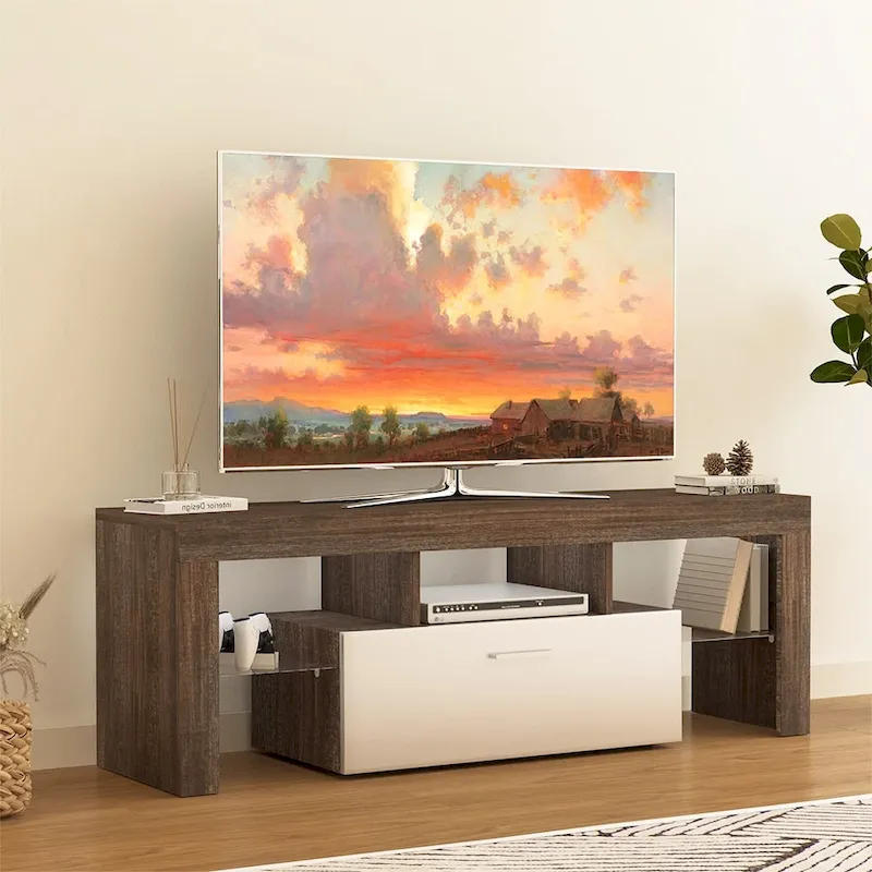 Brown LED TV Stand with Cabinet, 2-Door Storage, 1-Person Assembly
