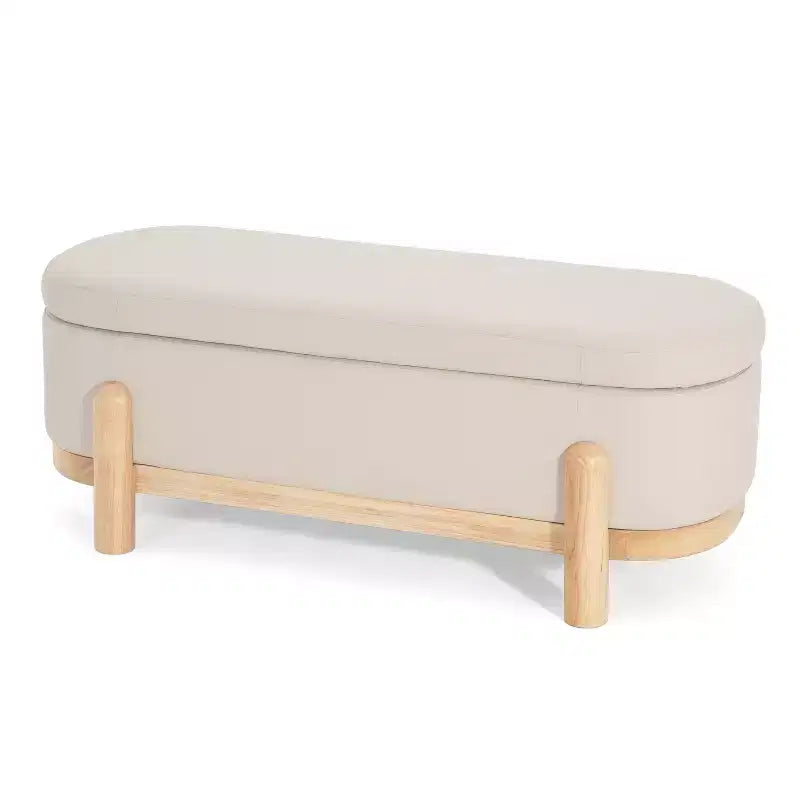 Modern Upholstered Storage Oval Ottoman with Solid Wood Legs
