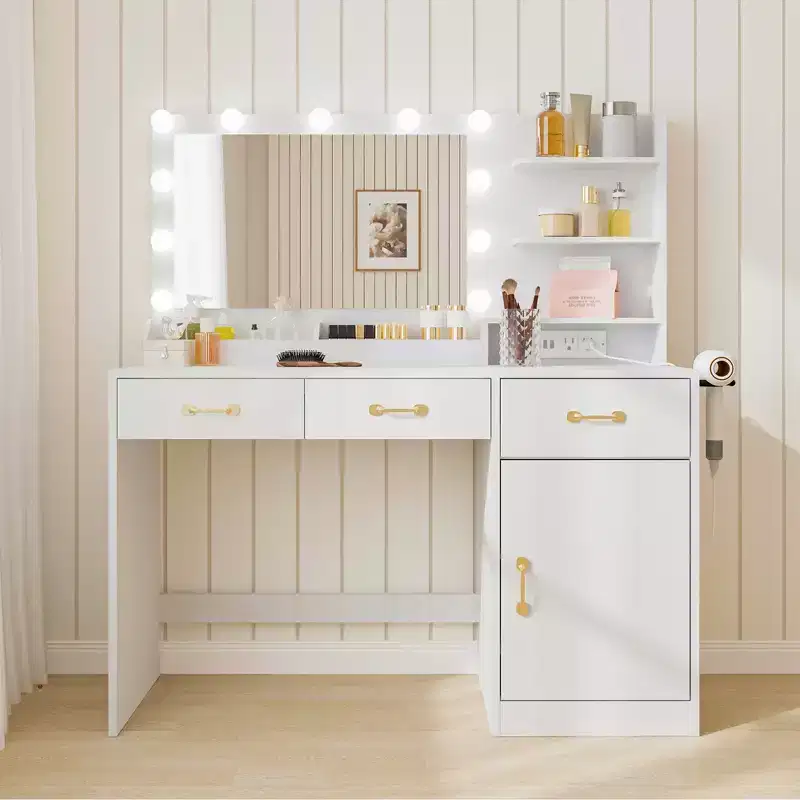 Makeup Vanity Desk with LED Mirror, 3 Drawers, 2 Cubbies, Cabinet and Open Shelves, White