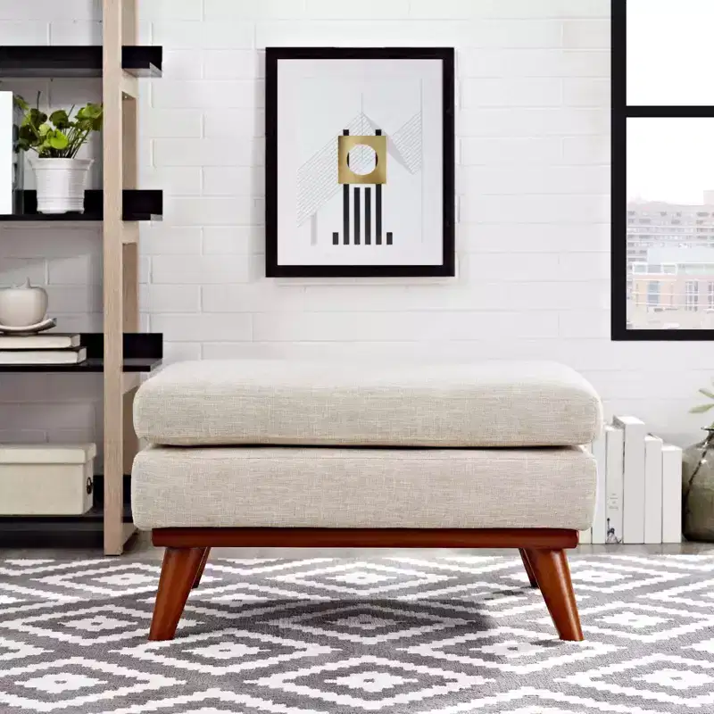 Upholstered Fabric Ottoman �C Beige, Rubberwood Legs, 200 kg Capacity