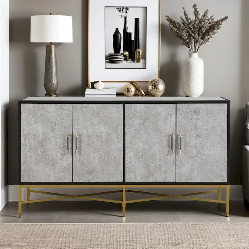 Four-Door Sideboard Buffet Cabinet with Metal Cross-Leg Base, Antique Gray