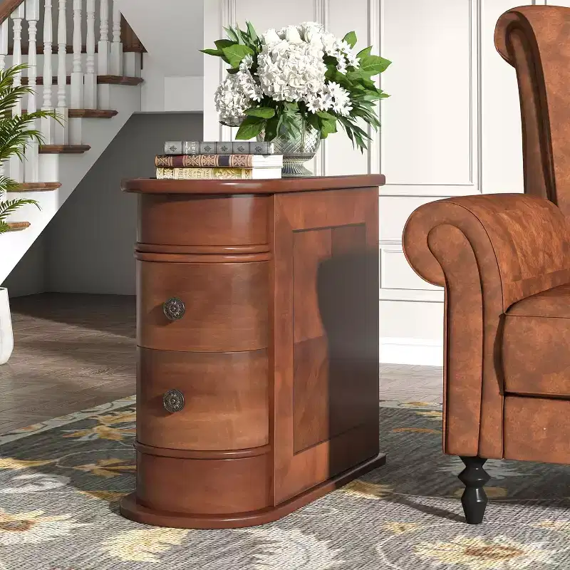 Lantine Slim Sofa Side Table with Storage, Vintage Wood Chairside Narrow End Tables with 2 Drawers