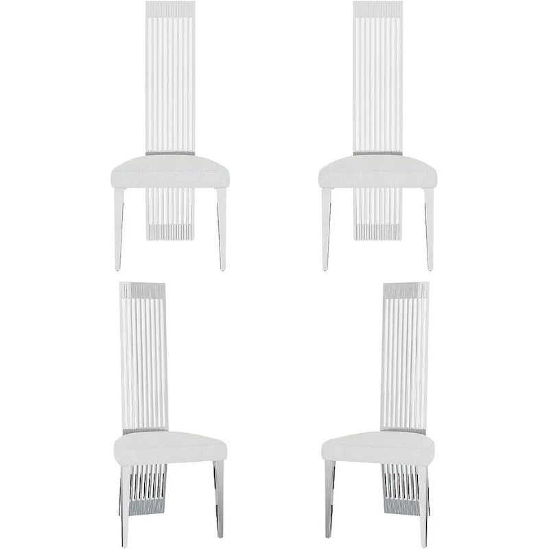 White Boucle and Silver Dining Chairs with Mirrored Silver Vertical Metal Tube Back