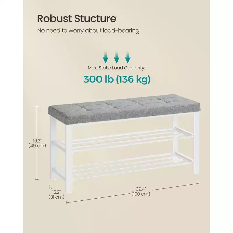SONGMICS Shoe Bench, Storage Bench, Entryway Bench with Cushion, Shoe Shelf with Seat, Space-Saving, Modern Style, Dove Gray and Cloud White