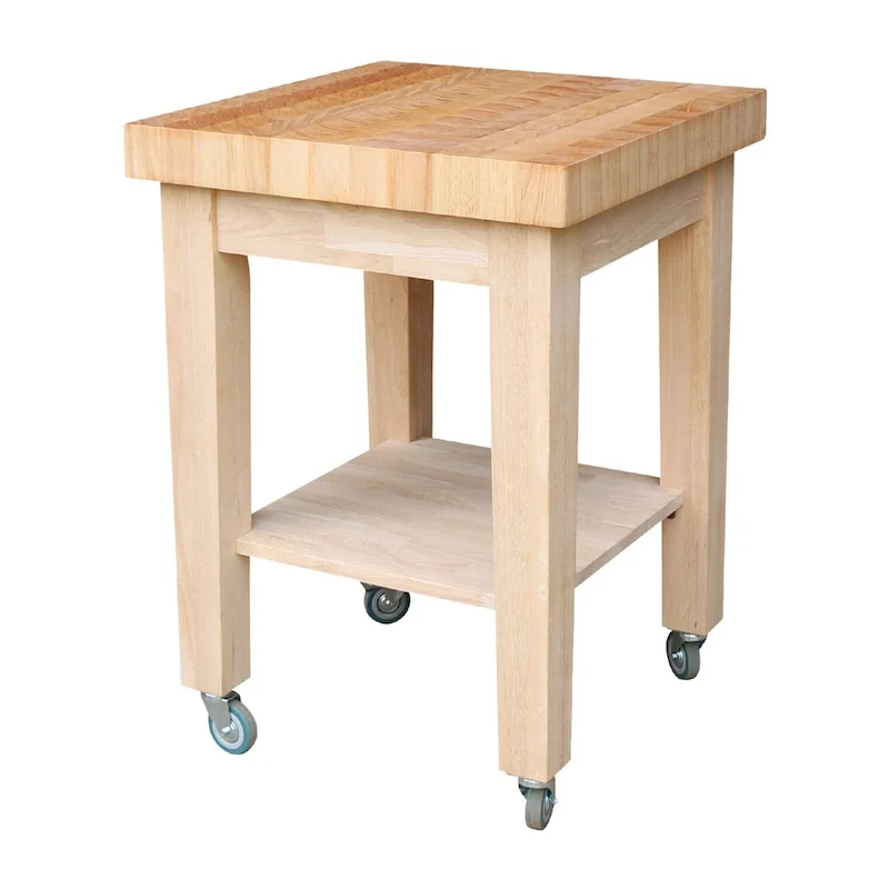 Unfinished Solid Parawood Kitchen Island Cart with Locking Casters Natural Wood