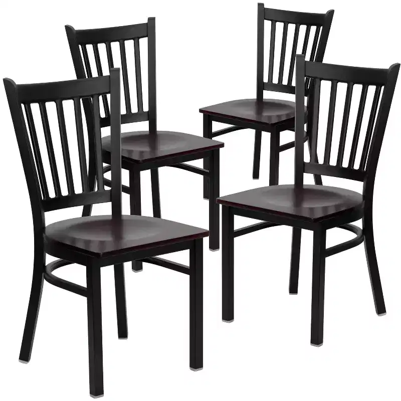 Black Metal Dining Chair with Mahogany Wood Seat, Set of 4