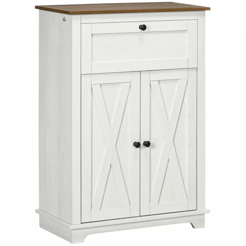 White Barn Door Accent Cabinet with Drawer and Double Doors