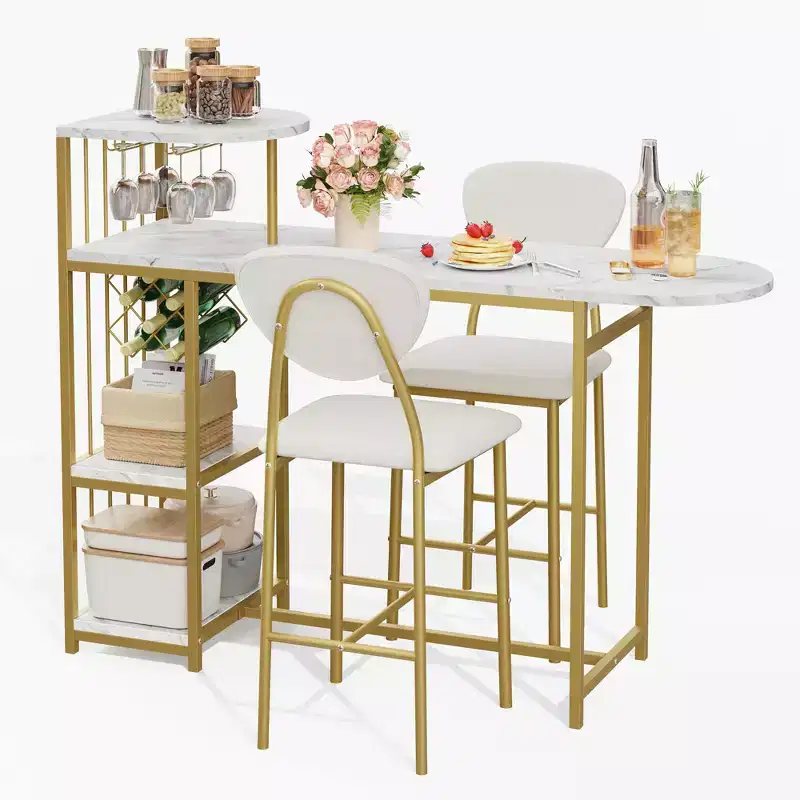 3PCS Bar Table Set for 2, Expandable Kitchen Dining Table with 2 Stools, Counter Height Bar Table and Chair Set with Storage Shelf & Wine Rack, Gold