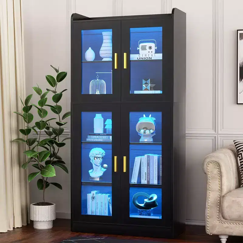 Besiost 5-Tier Display Cabinet with Storage Shelves and Glass Doors, Tall Bookcase with Led Lights