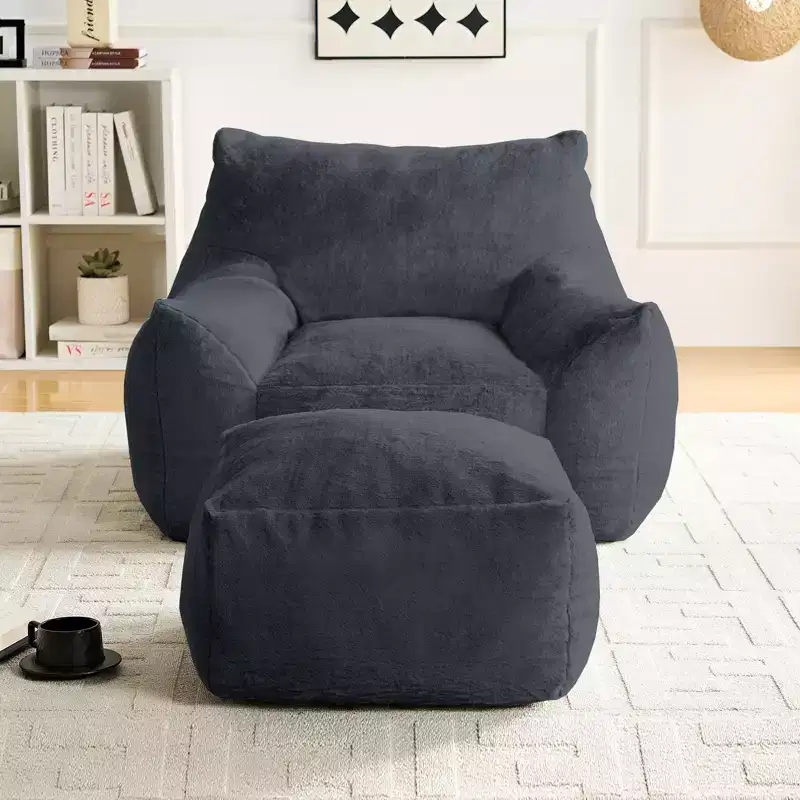 Mjkone Modern Bean Bag Chair, Faux Rabbit Fur Fabric Big Beanbag Chair with Ottoman