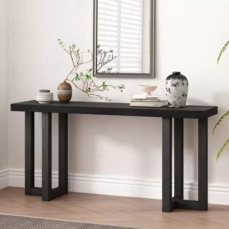 160 cm Minimalist Console Table �C Solid Wood Legs, Thick Tabletop, Black