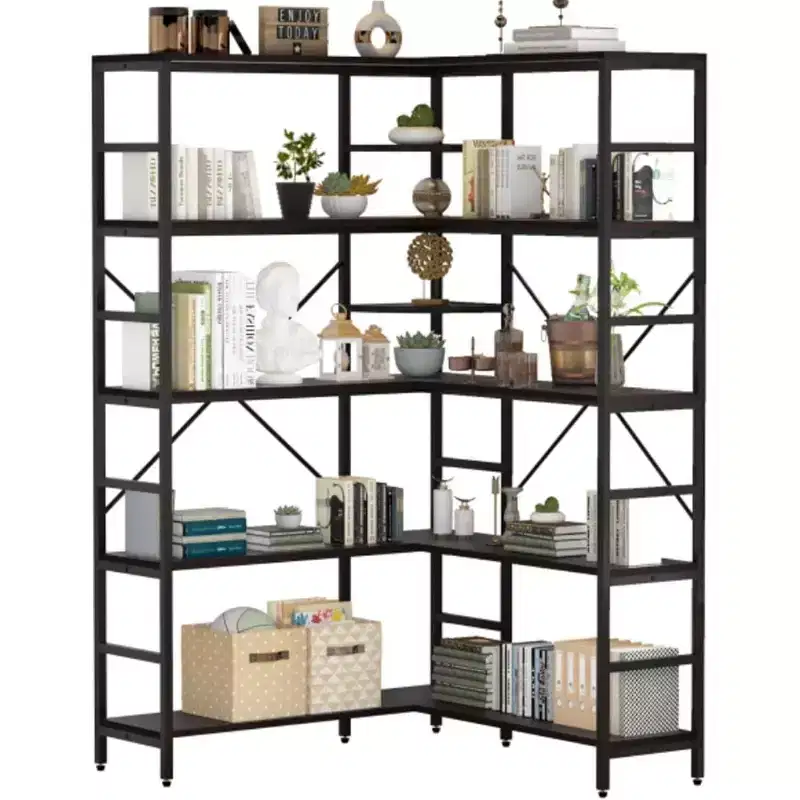 5-Tier Industrial L-Shaped Corner Bookcase with Metal Frame