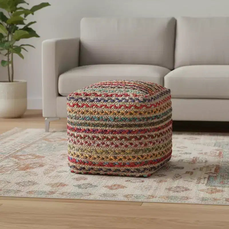 HomeRoots 18 Natural and Rainbow Braided Jute And Polyester Striped Pouf Ottoman