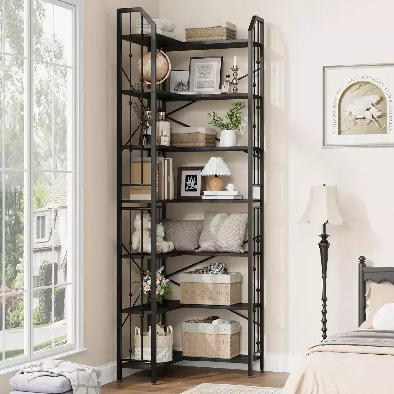 GustoWave 7-Tier Corner Bookshelf 86 Tall L-Shaped Bookcase Storage Shelf with Metal Frame