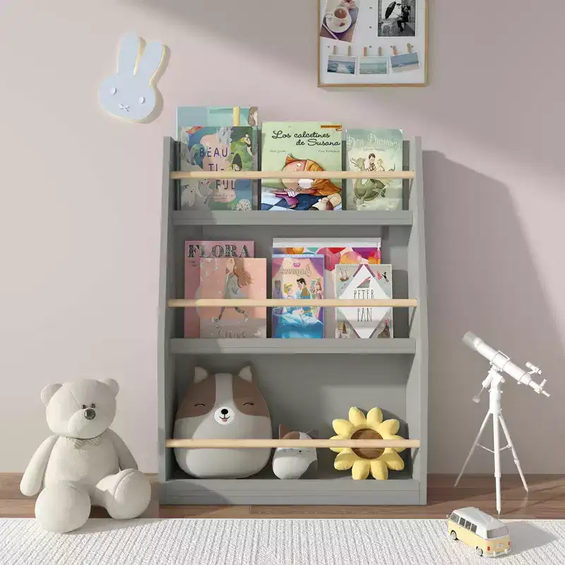 Gray 3-Tier Kids Bookshelf, Floor Standing Book Rack for 1–2 Users