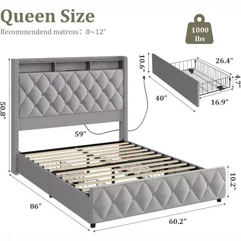 Upholstered Drawer Bed with Storage | Light Gray Plywood + Sponge + Copper Nail | For Bedroom, Guest Room
