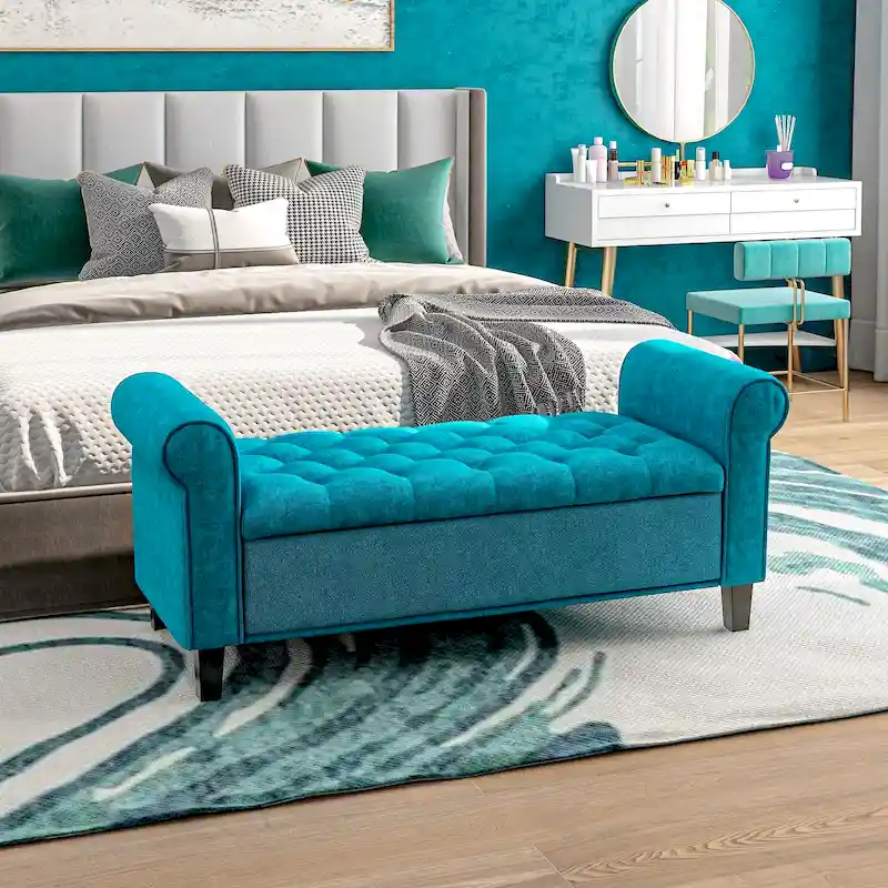 HOMCOM 50 Storage Ottoman Bench, Upholstered End of Bed Bench with Rolled Arms, Wood Legs, Button Tufted Storage Bench Gray