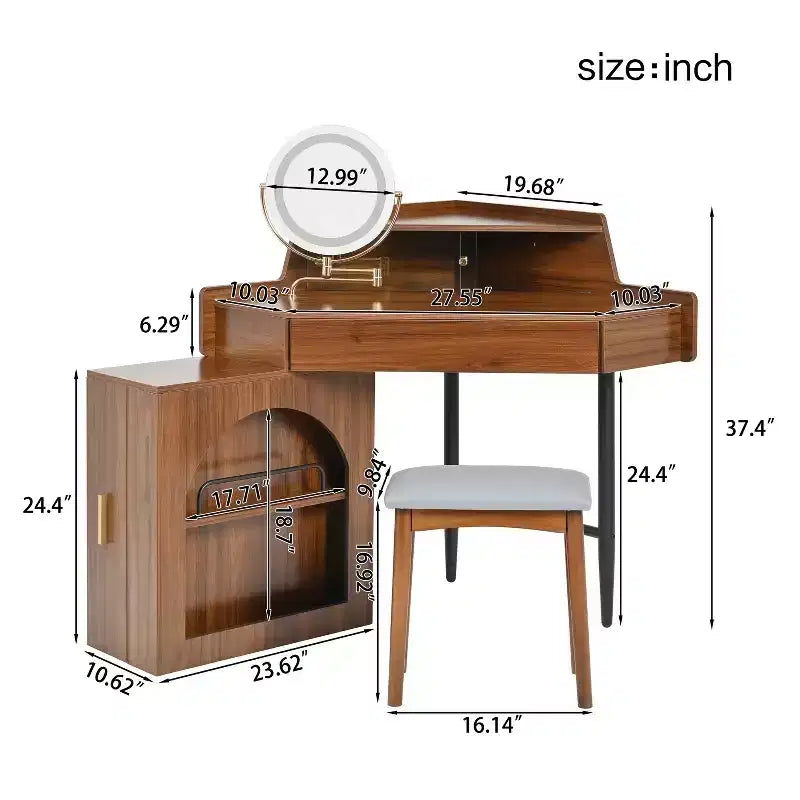 Corner Vanity Desk with Mirror, Modern Makeup Vanity Set With Stool & Cabinet, Wooden Dressing Table with Drawers for Bedroom Bathroom