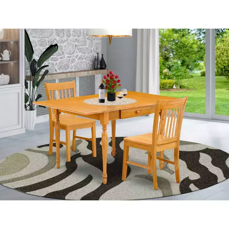 HomeStock 3-Pc Natural Brown Oak Finish Solid Wood Top with Dropleaf Dining Table Set