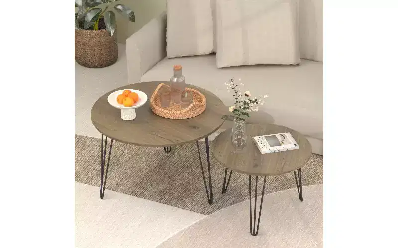 TUYOHW 2-Piece Nesting Round Coffee Table Set, Imitation Marble Top Metal Frame Center Table for Living Room, Circular Nesting End Table Set